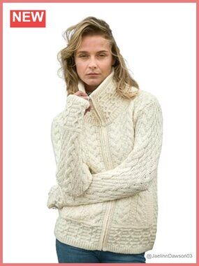 100% Merino Wool Double Collar Zip Cardigan Irish Knit Sweater